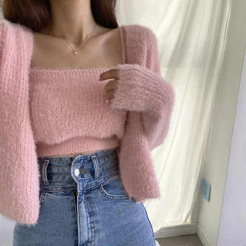 Two-Piece Camisole Knitted Vest with Long Sleeve Cropped Cardigan